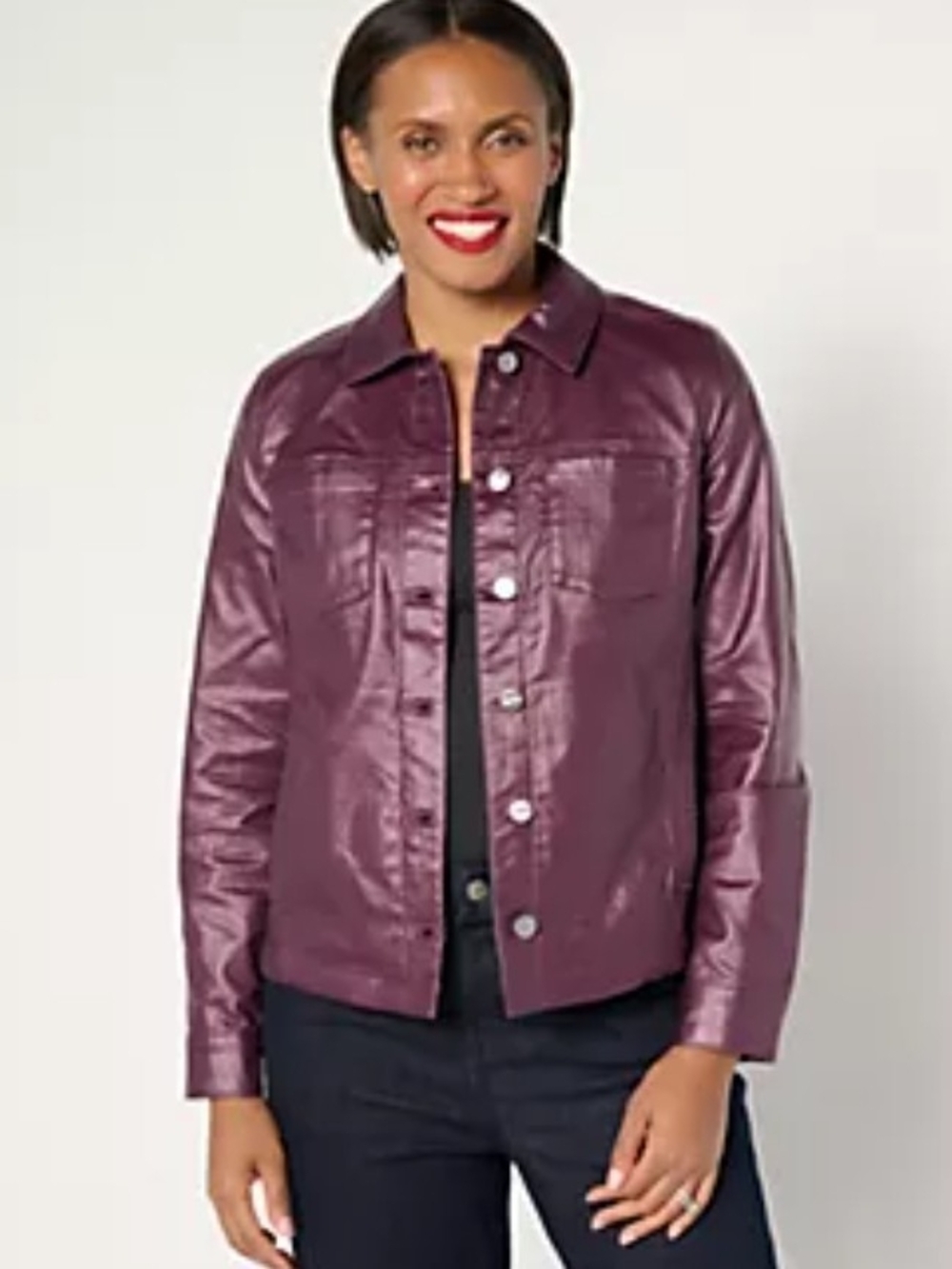 Denim & Co. Signature Women's Coated Denim Plum Button-Front Jacket W/Pockets